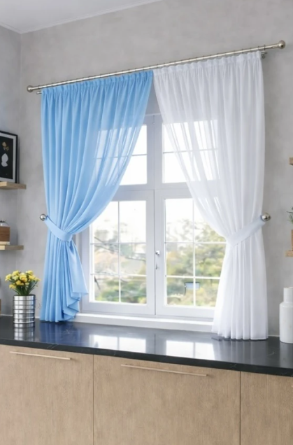 Шторки на кухню шифон з підв'язками 250х170 см Блакитний/Білий (501к 8)