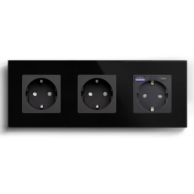 Розетка LUXION с USB A+C 20Вт с заземлением/шторками 250В 16А стеклянная рамка Черный (LX-M3FGAC-BK)