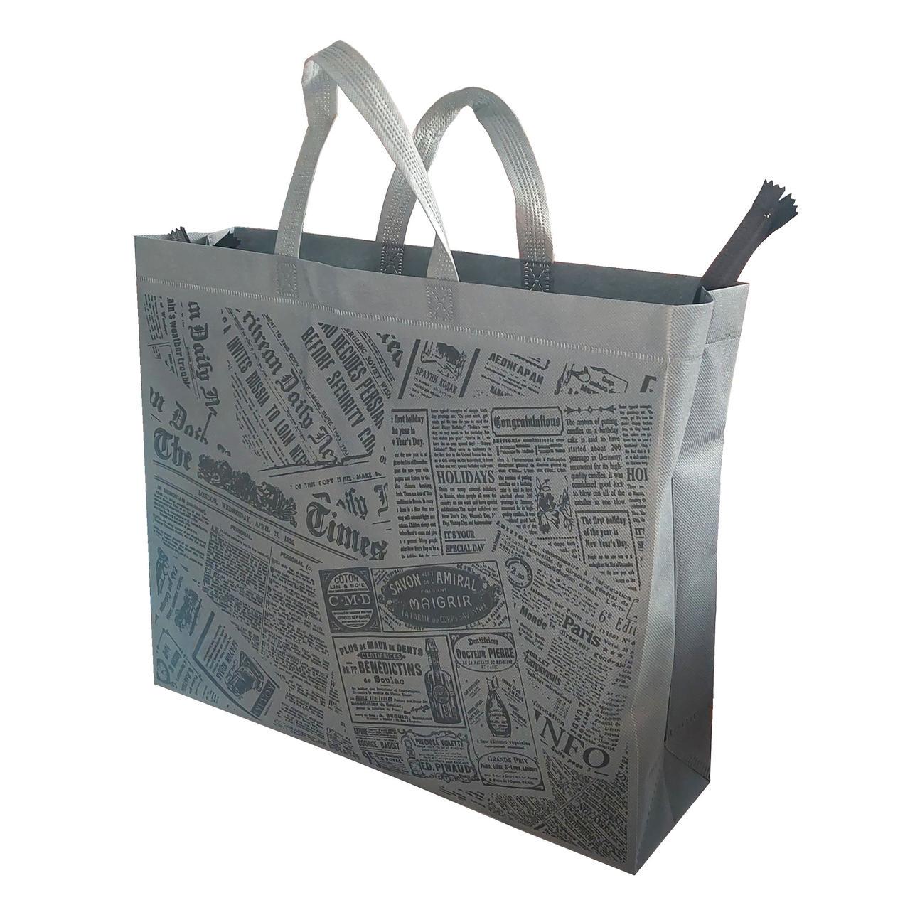 Сумка-шоппер на молнии ECOBag №30 Газета 41х35х12 см Серый (204892-30сі)