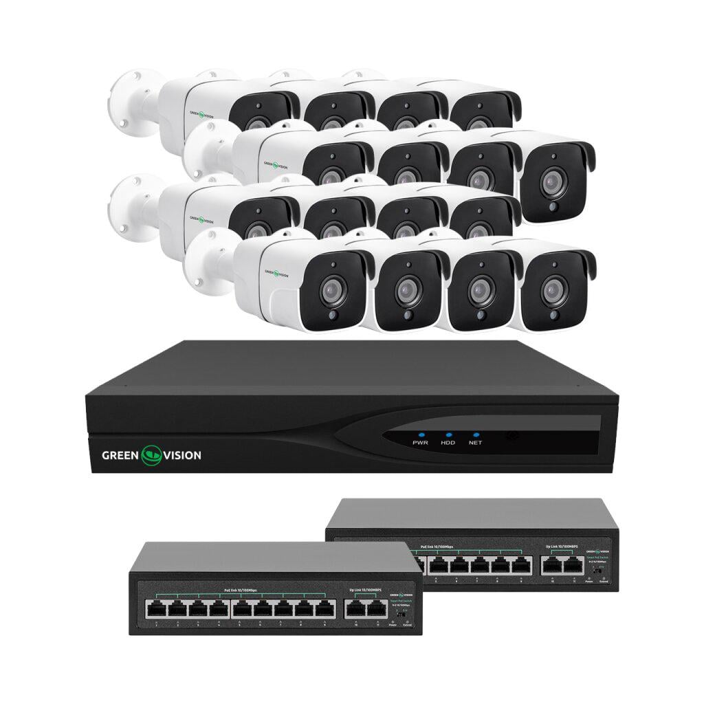 Комплект видеонаблюдения GreenVision GV-IP-K-W88/16 5MP на 16 камер IP видеорегистратор коммутатор 2 шт. (26711522)