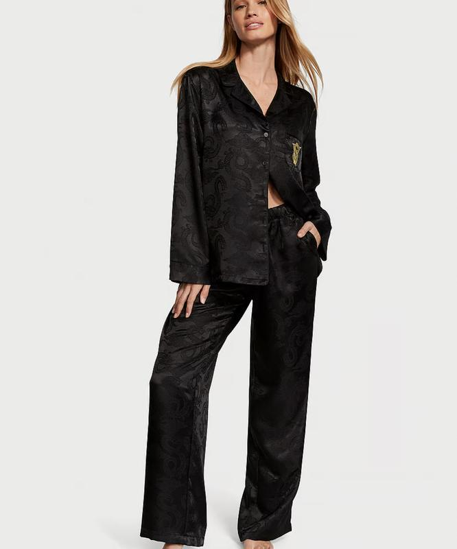 Піжама жіноча Victoria's Secret Satin Long Pajama Set сатинова преміум класу S Чорний (15339941)