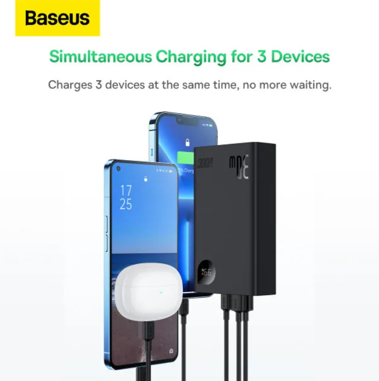 Повербанк BASEUS 5A Adaman2 Digital Display QC3.0+PD3.0 2USB+Type-C+ USB to Type-C 20000 mAh 30W Чорний (PPAD050001) - фото 12