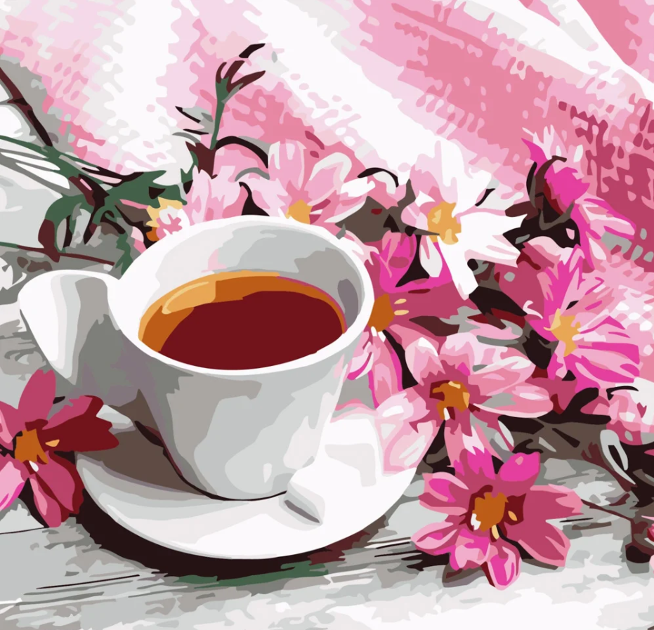 Картина по номерам Strateg Чашка чая с цветами 40х40 см (SK020)