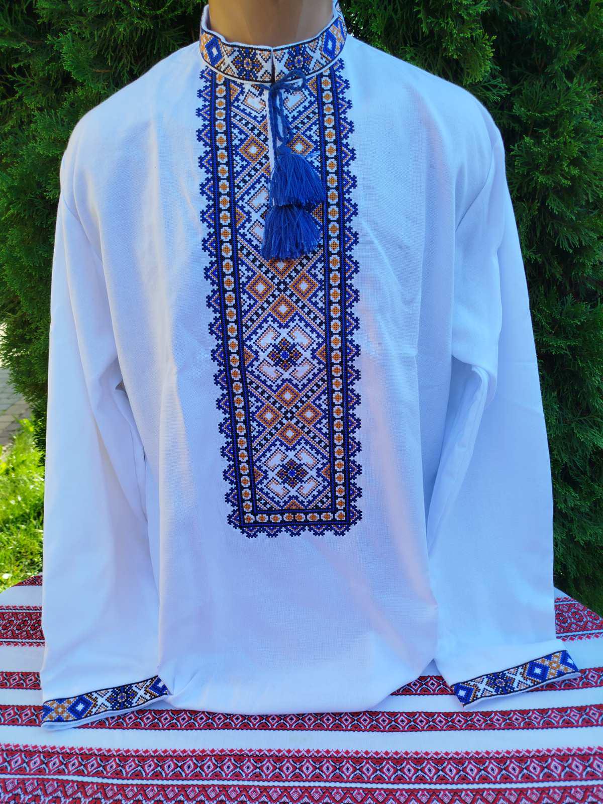 Вишиванка чоловіча Квітковий орнамент р. 44 Білий/Синьо-золотий (1697224797)