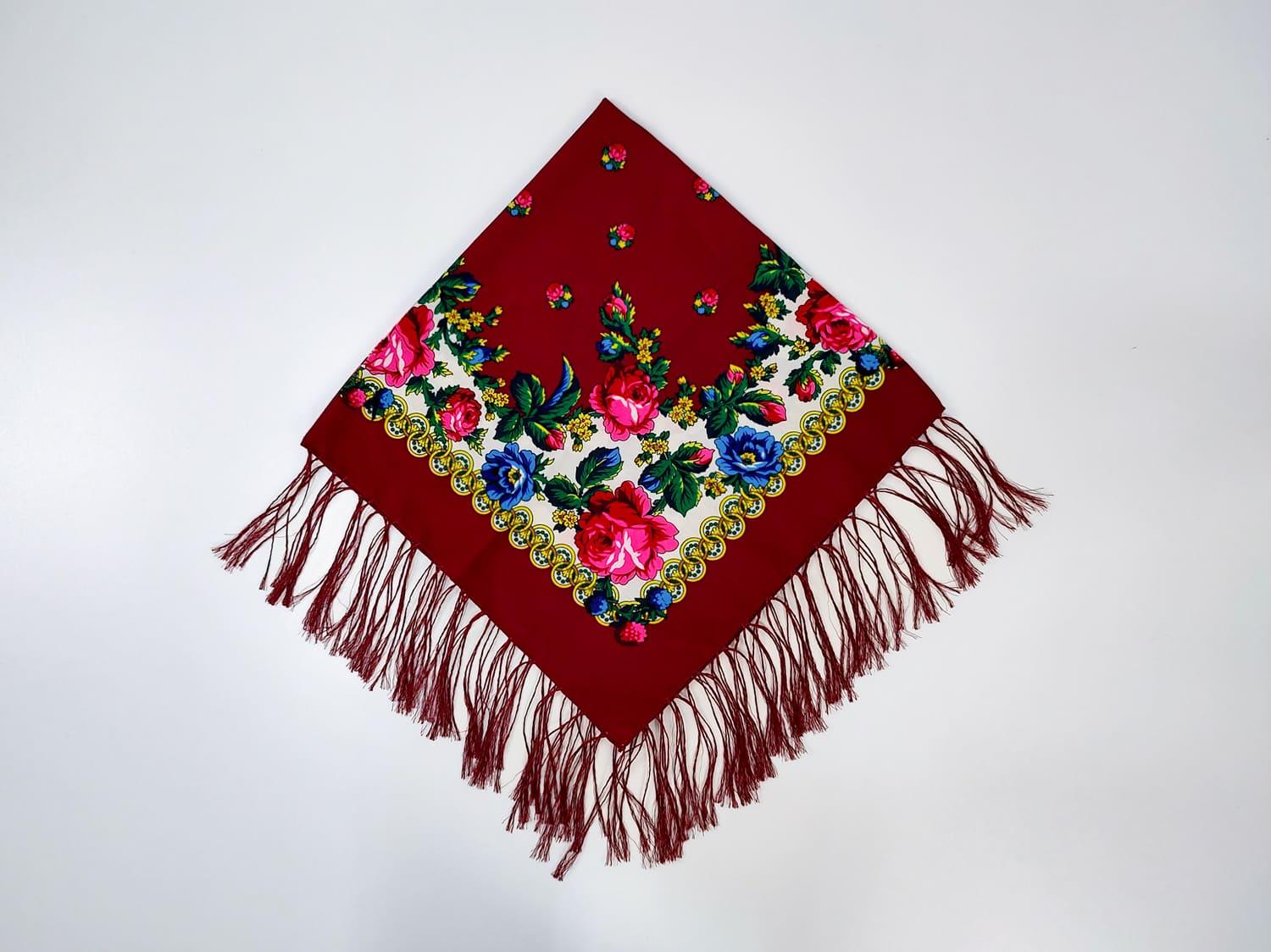 Платок украинский с кистями 80x80 см Бордовый (30070672)