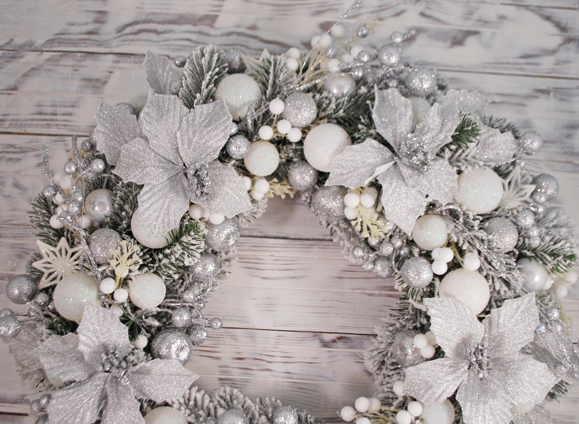 Венок новогодний 43 см Серебряный/Белый (4780204) - фото 3