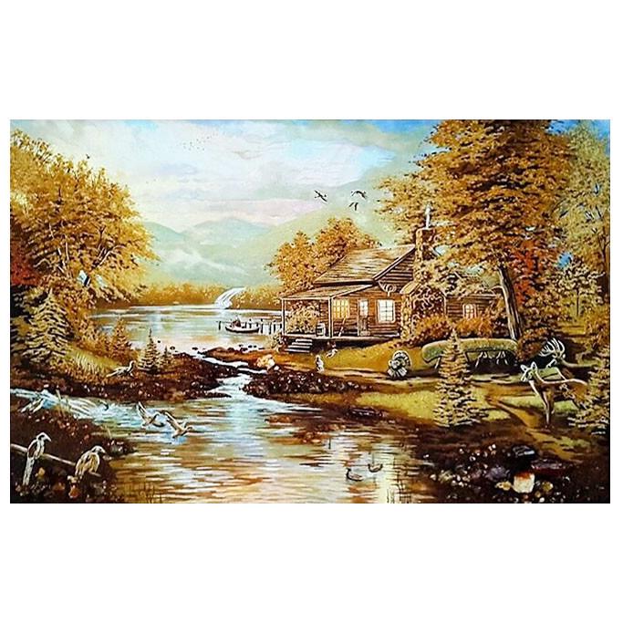 Картина Дом в лесу у реки из янтаря 20х30 см (К0137-20х30)