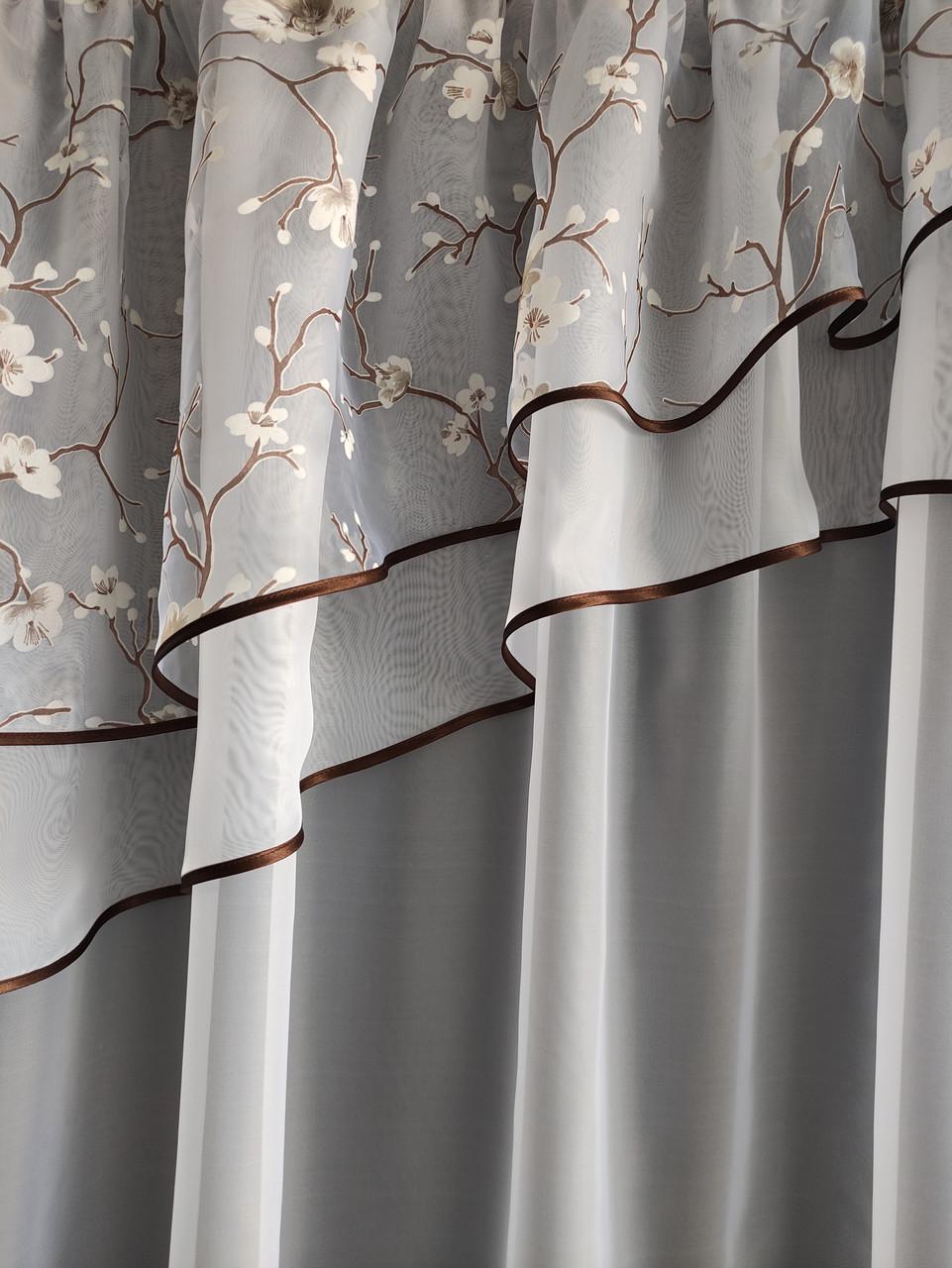 Тюль на окно Сакура с двойным ламбрекеном 290х170 см Белый с коричневым (сакура-02) - фото 2 Тюль на окно Сакура с двойным ламбрекеном 290х170 см Белый с коричневым (сакура-02) - фото 2