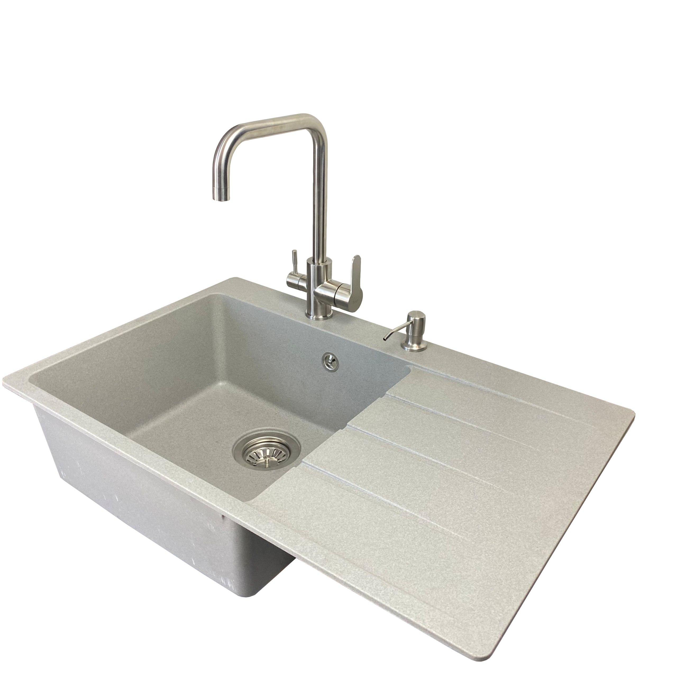 Мойка для кухни VECTOR Forest чаша слева/смеситель с подключением к фильтру/дозатор/сифон 78x50 см Светло-серый (7afeabdf)