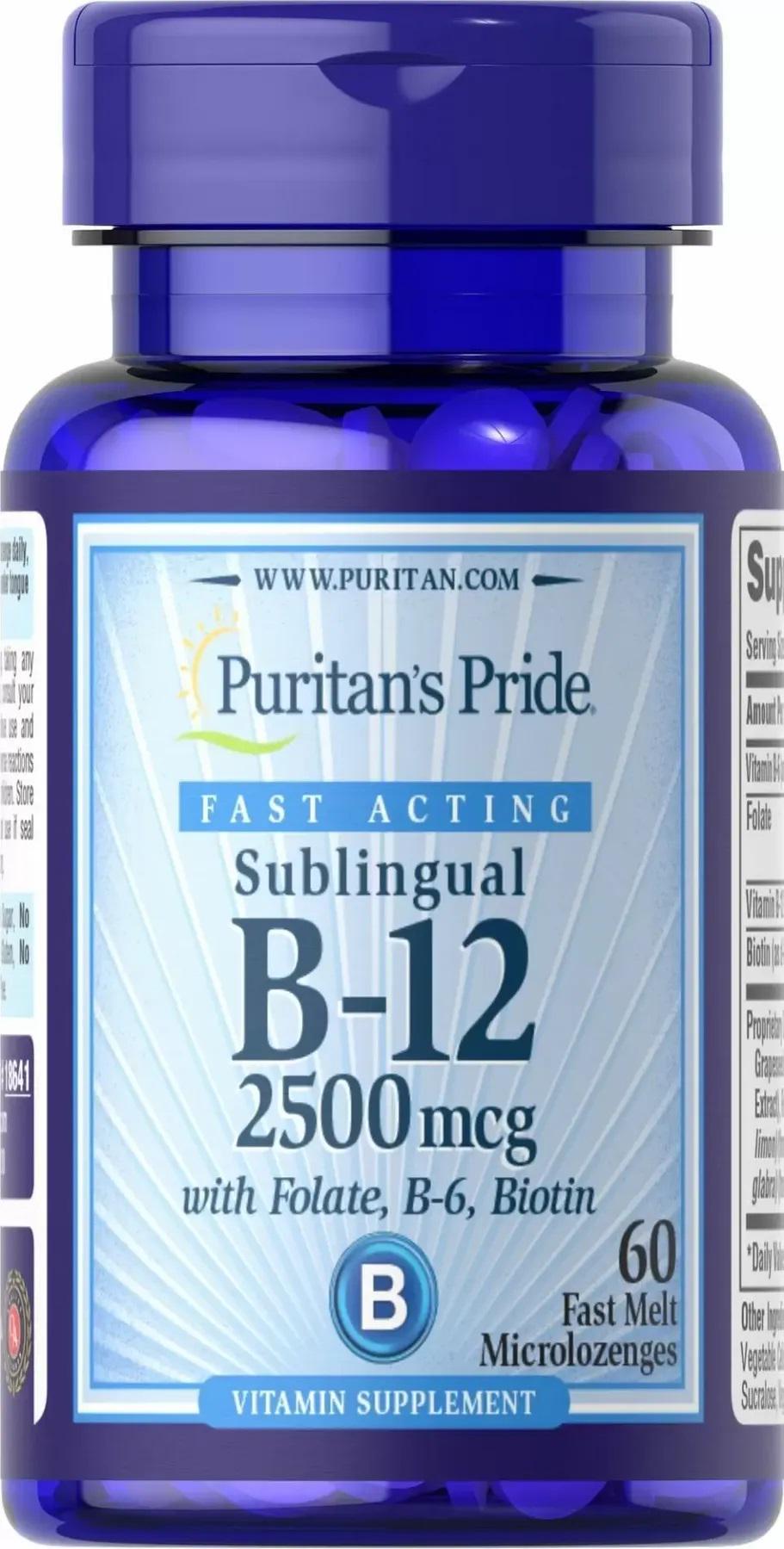 Метилкобаламін Puritan's Pride Vitamin B-12 2500 mcg Sublingual with Folate B6 Biotin 60 Microlozenges