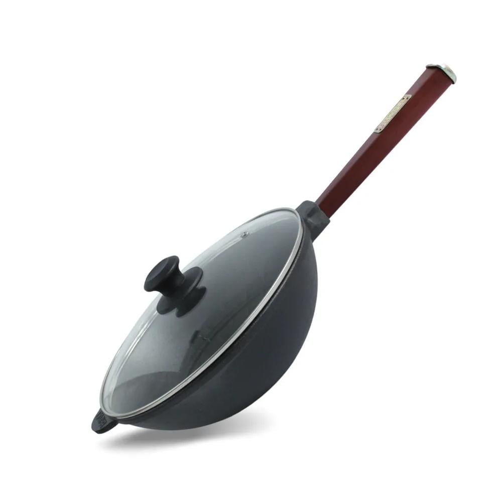 Сковорода Brizoll WOK чавунна з дерев'яною ручкою та скляною кришкою 2,2 л 240х70 мм (93-90-W24HP2-6)