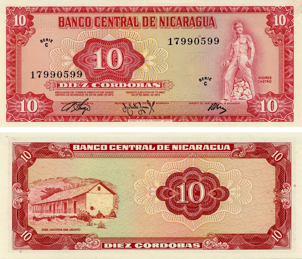 Коллекционная банкнота Никарагуа 10 кордоб 1972 года UNC P123 (Б16448)