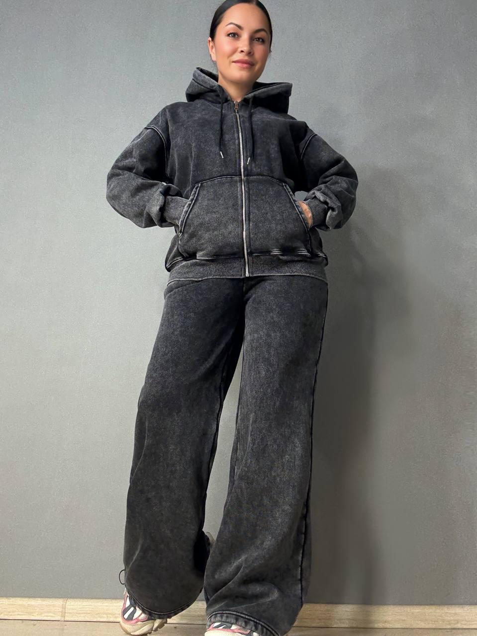 Костюм женский Joy One 2166-11 утепленный вареный худи с брюками палаццо M Черный (5959)