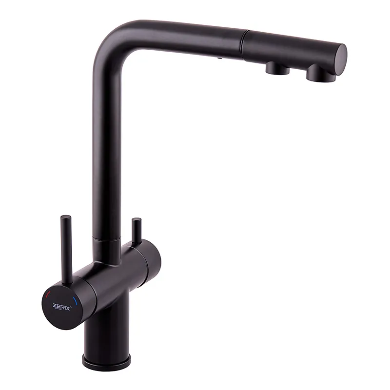 Смеситель кухонный на две воды Zerix LUX-024 Black с выдвижной лейкой из нержавеющей стали (ZX5556)