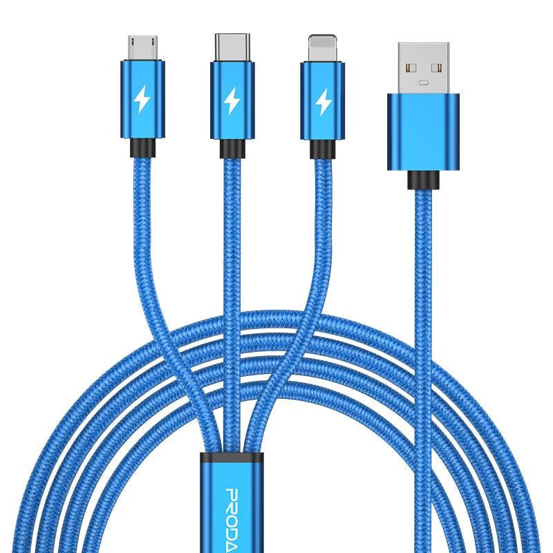 Кабель Proda PD-B65 Lightning Type-C Micro USB 2А с передачей данных 3в1 Blue