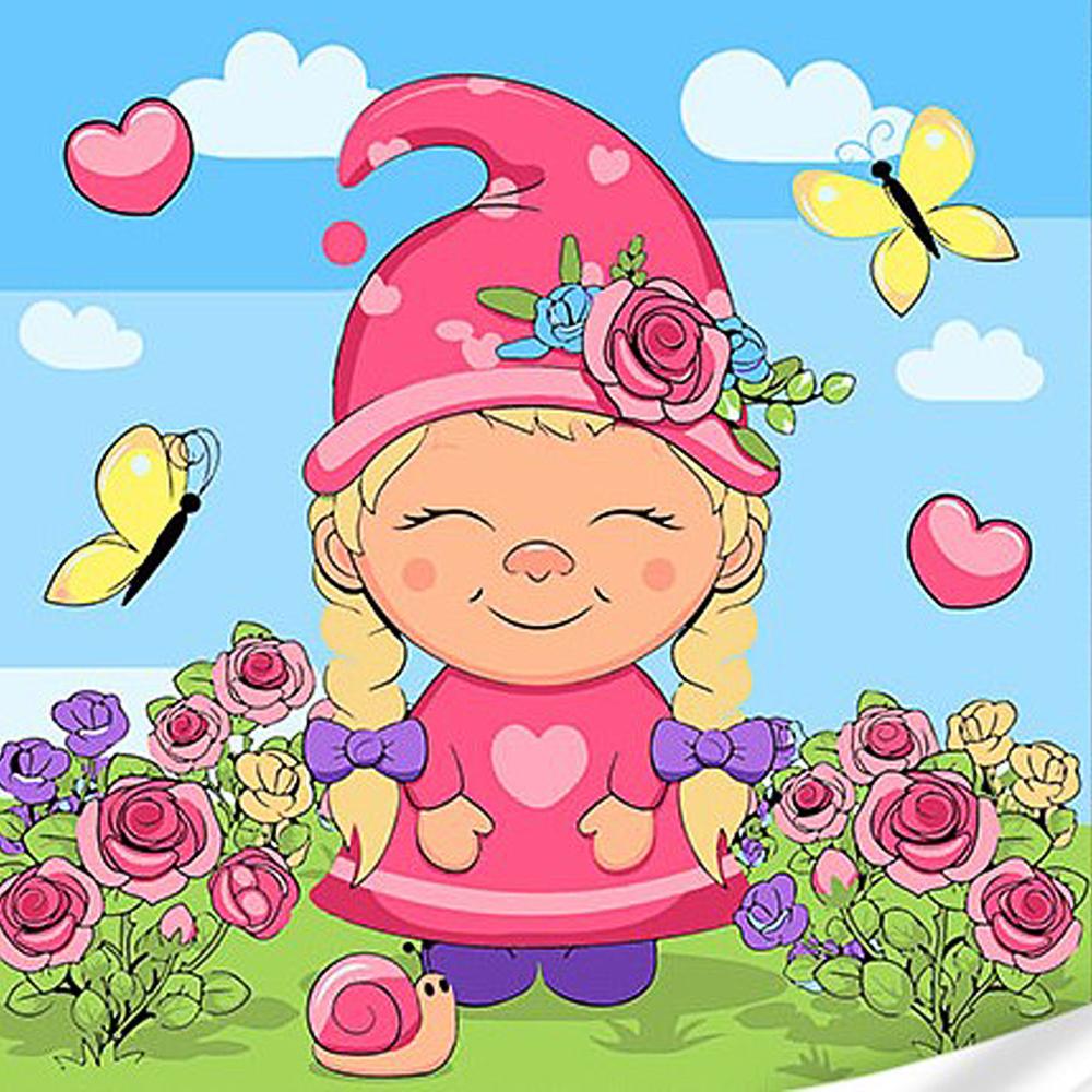 Картина по номерам Strateg Премиум Девочка гномик с лаком и уровнем 30x30 см (Str-ES-0884)