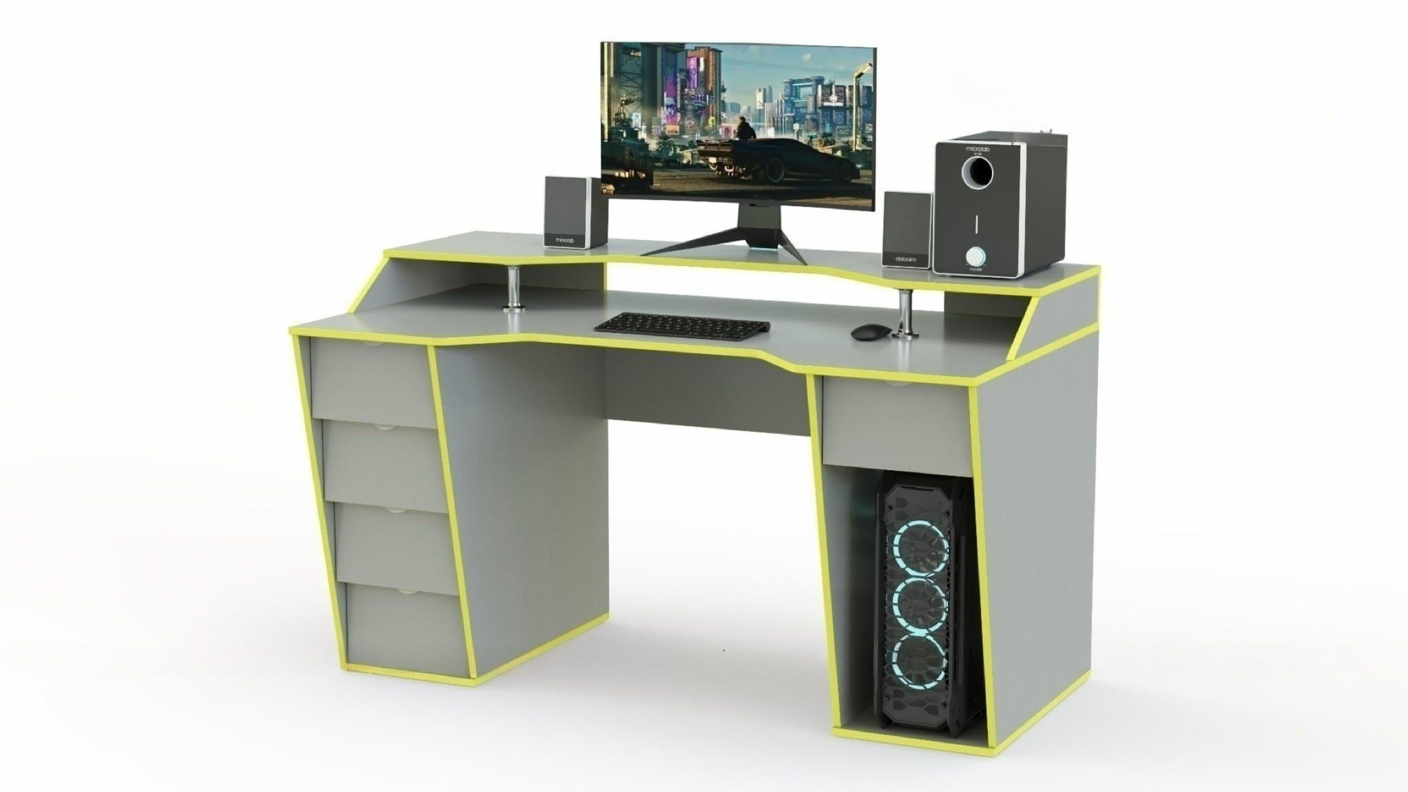 Геймерський стіл COMFORT X1400 з надбудовою та ящиками Сірий з жовтим