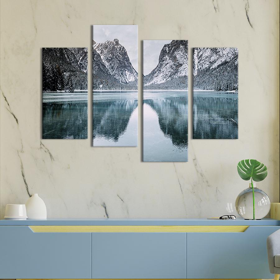 Модульна картина із чотирьох частин на холсті інтер'єрна картина Снігові гори та озеро 149x106 см (641-42)