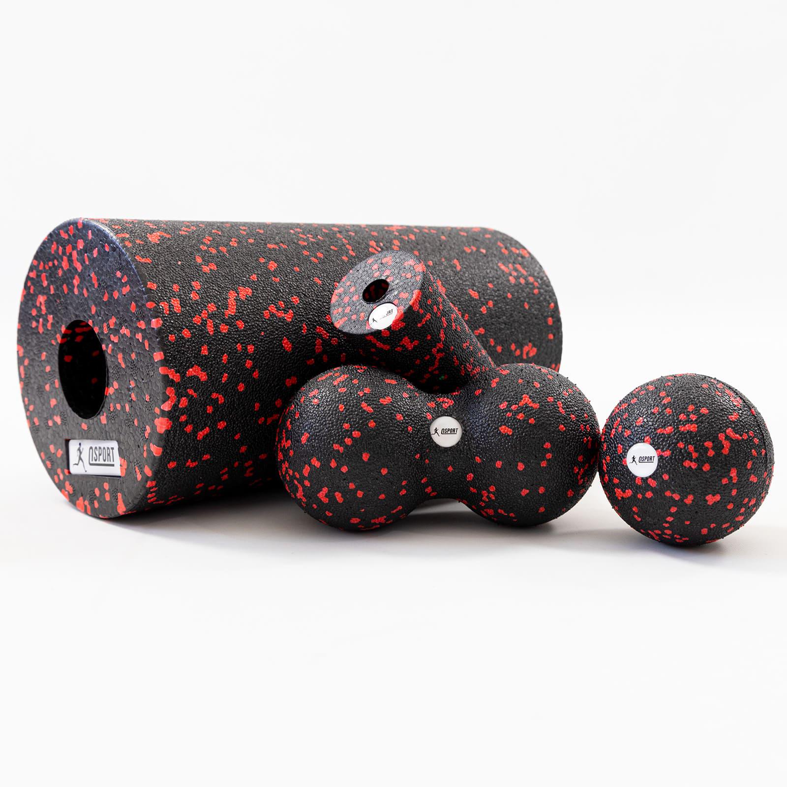 Набір масажний для йоги та фітнесу OSPORT EPP 4в1 масажний валик/йога рол/масажний м'яч МФР Чорно-червоний (OF-0282)