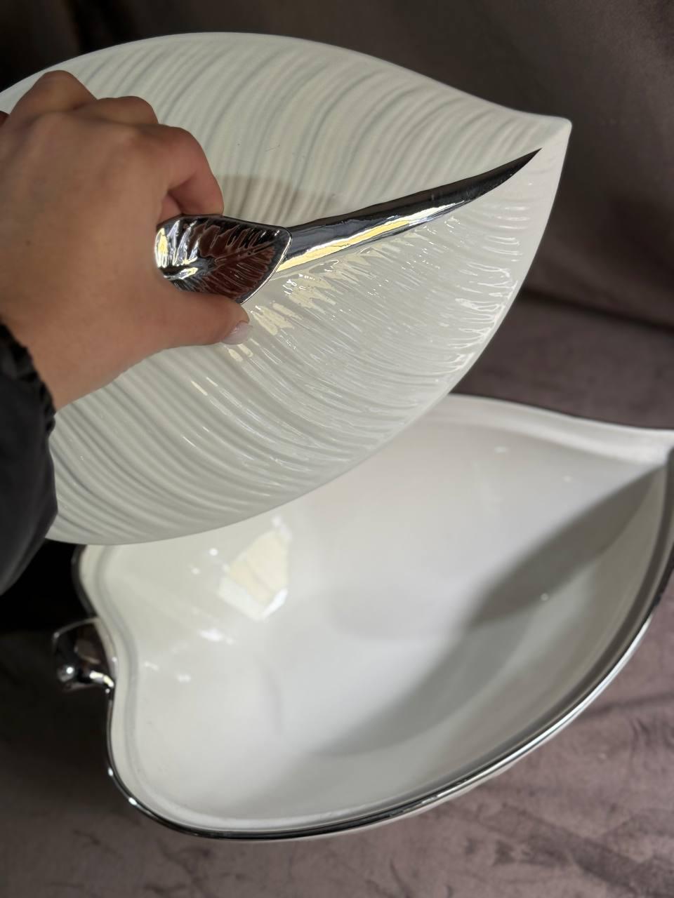 Супница Yiwu XL-4054AS фарфоровая с крышкой 1.5 л Белый с серебряным (29919069) - фото 4