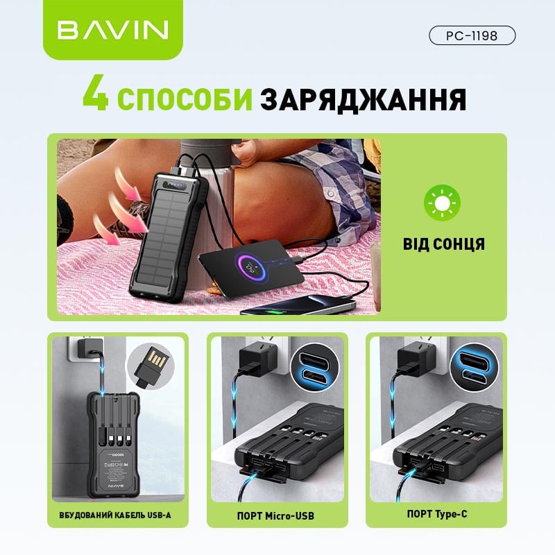 Повербанк BAVIN PC1198 SOLAR Led Lights 10000 mAh Black (Y-PC1198 BK) - фото 5