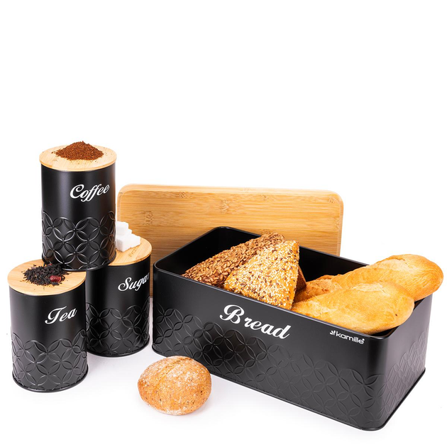 Хлебница с емкостями для хранения Kamille KM-1127 из нержавеющей стали с бамбуковой крышкой 33х18х13 см Черный (150-84-1127)