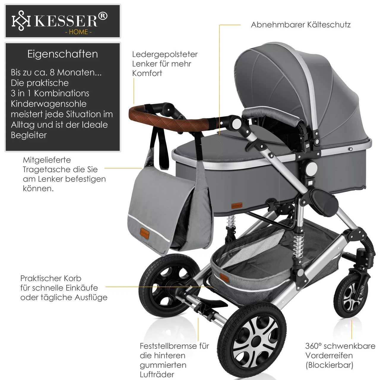 Коляска детская с автокреслом KESSER 3в1 94x64x119 см Серый/Серебряный - фото 2