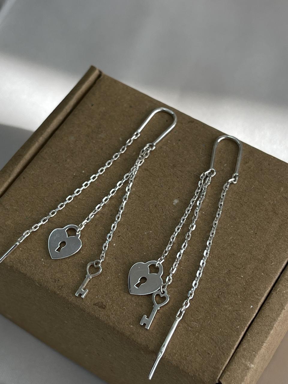 Сережки срібні протяжки Замок і ключ подвійні 925 проба (26943743) - фото 5