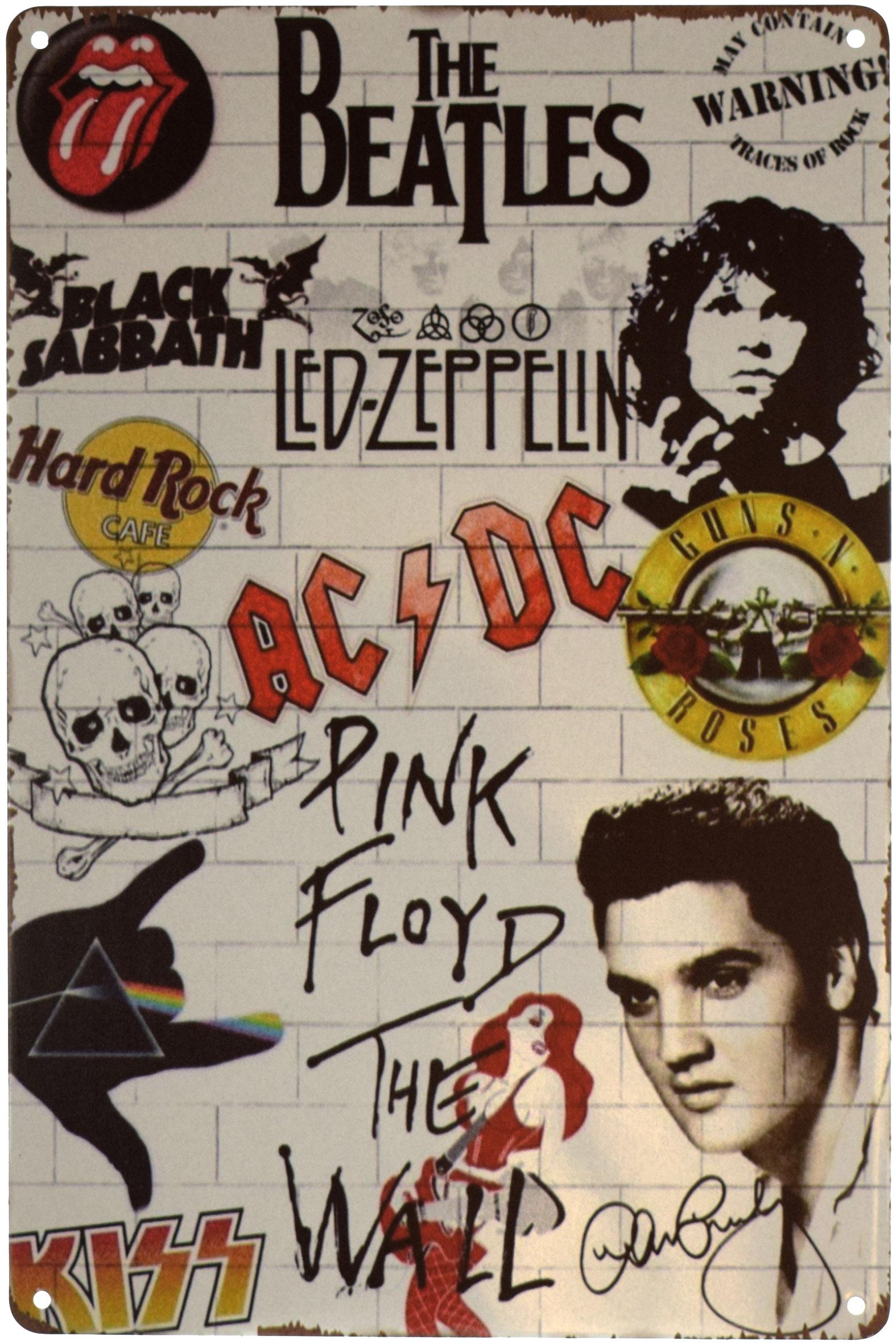 Табличка металлическая AC/DC, The Beatles, Led Zeppelin, The Rolling Stones, Pink Floyd... 20x30 см