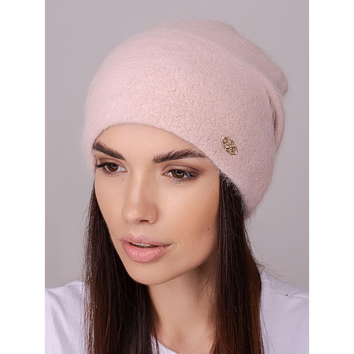 Шапка женская Leks АФИНА ангоровая двойная с отворотом сзади сцепленная one size Светло-пудровый (251380)