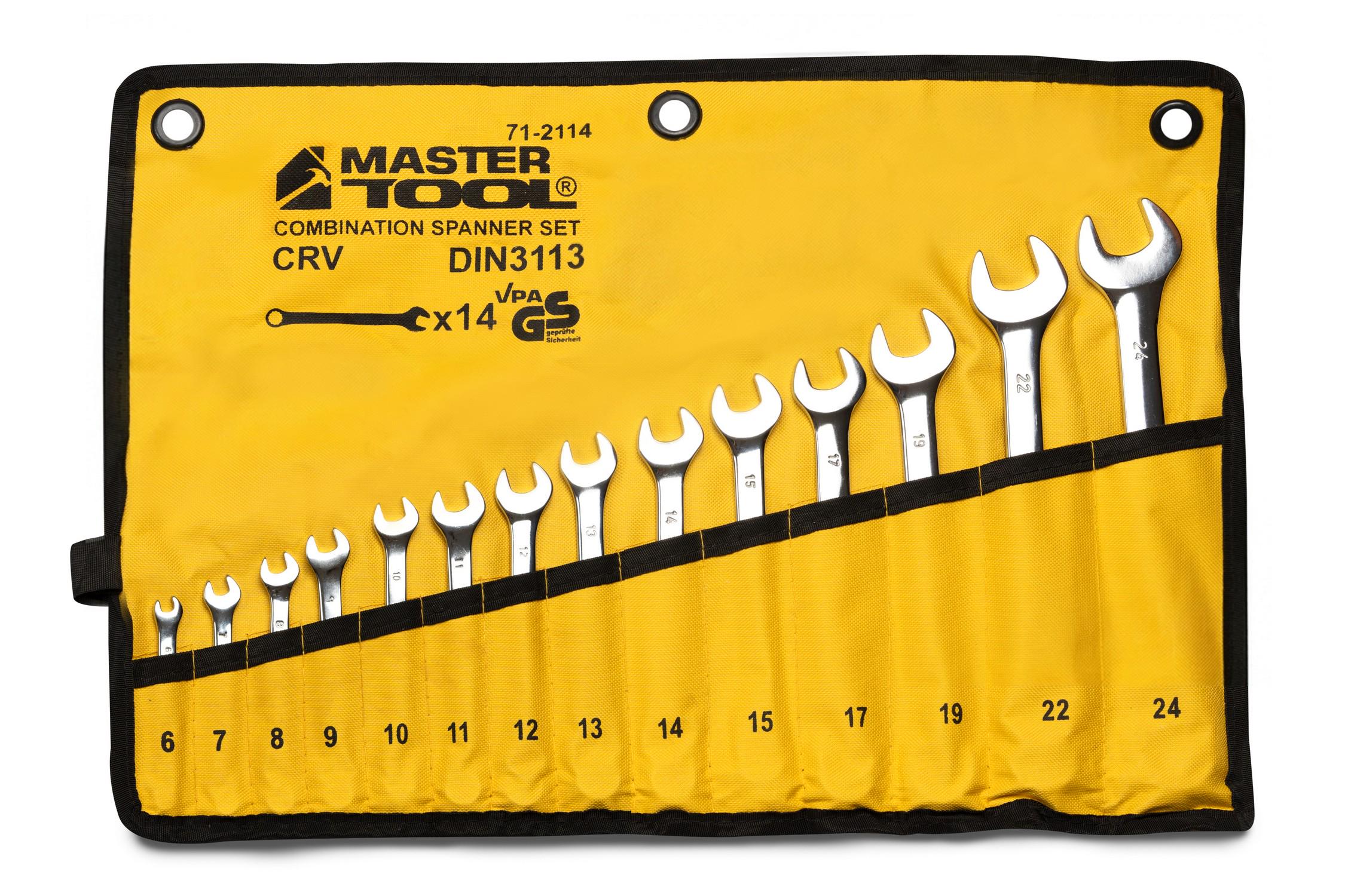Ключи комбинированные MasterTool SATIN FINISH 14 шт. 6–15/17/19/22/24 мм CrV DIN 3113 в чехле 71-2114