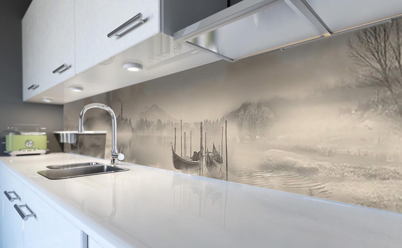 Кухонный фартук Пристань в тумане лодки озеро из самоклеющейся виниловой пленки 65х250 см Бежевый