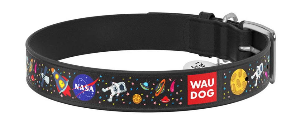 Ошейник для собак кожаный WAUDOG Design с QR паспортом NASA L 25 мм 38-49 см Черный (Collar0025-0047-01)