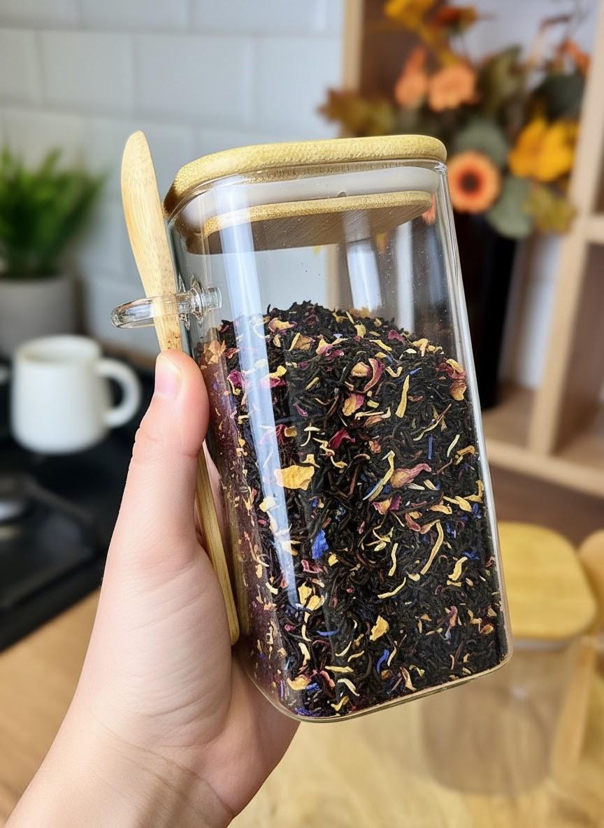 Банка з бамбуковою кришкою і ложкою скляна квадратна 700 мл (31443205)