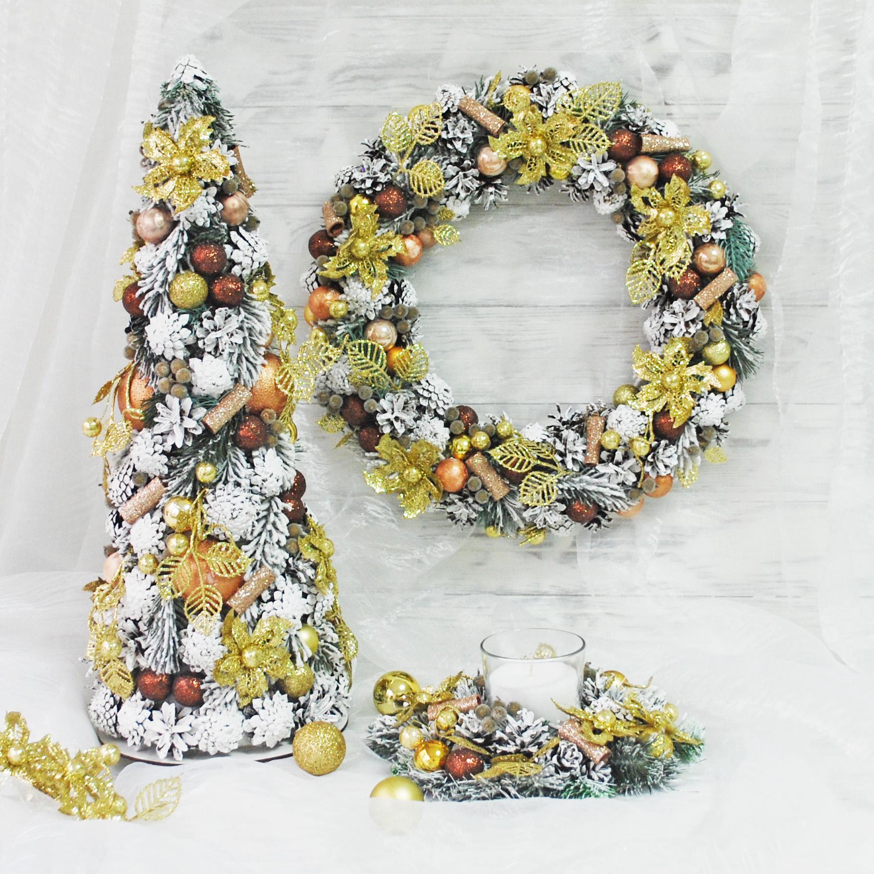 Набор новогодняя елка и венок с подсвечником Золотой/Бронзовый/Белый (4938959)
