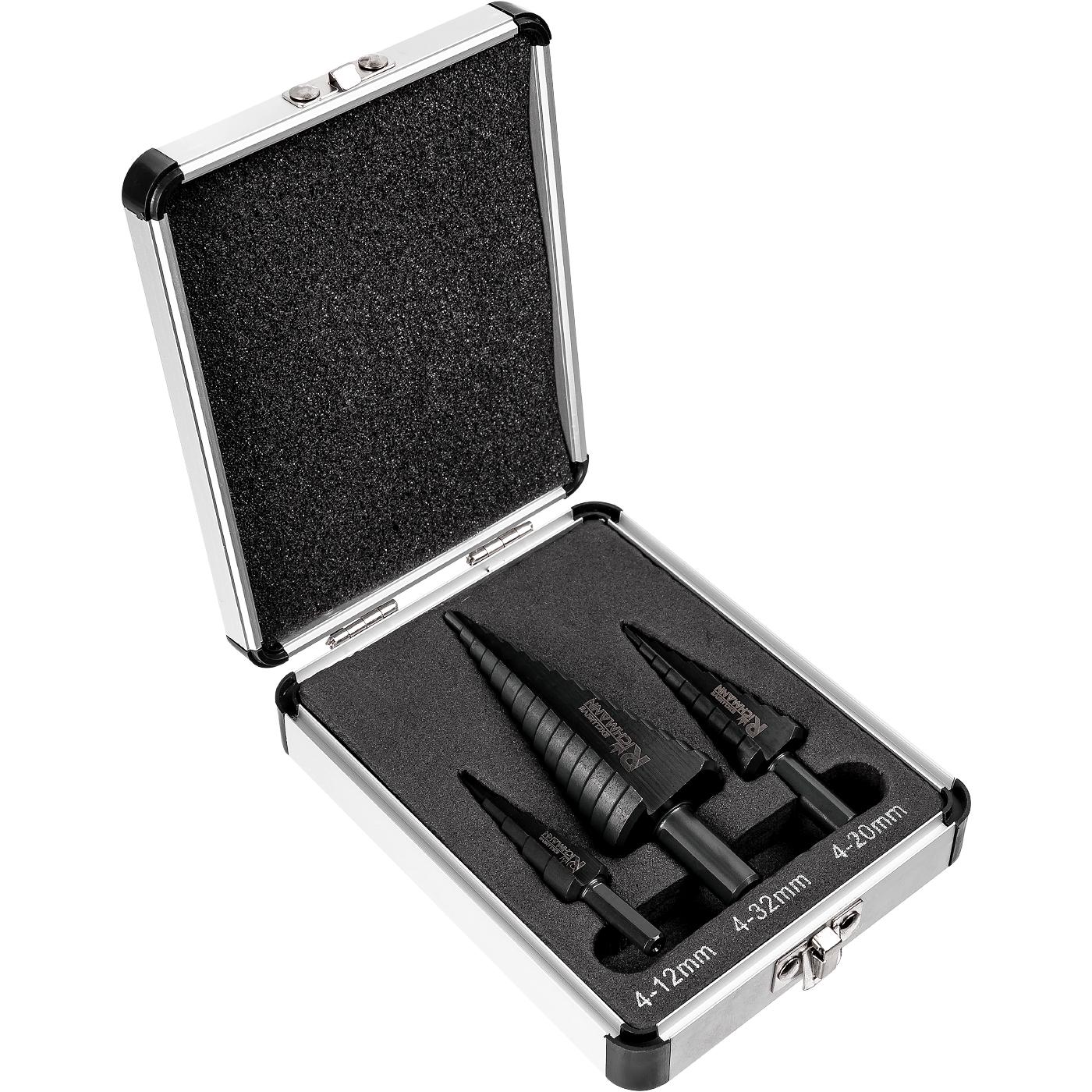 Ступінчасті свердла Richmann набір 3 шт. по металу HSS 4-12 мм/4-20 мм/4-32 мм металевий кейс (C9265) - фото 2