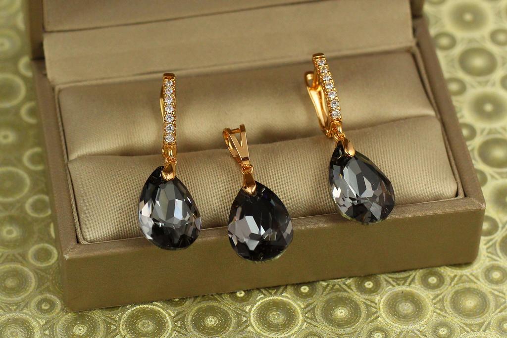 Набор Xuping Jewelry Большая капля с черным камнем Сваровски Золотистый (31951373)