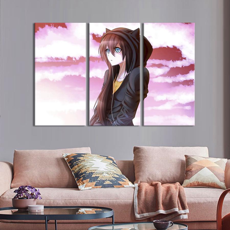 Картина на холсте триптих Аниме-девушка с каштановыми волосами 128x81 см (1424-31)