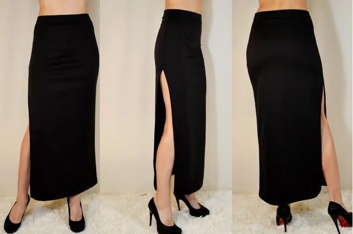 Юбка женская по щиколотку длинная трикотажная с разрезом справа по шву однотонная р. 52 Черный (2206560936) - фото 4