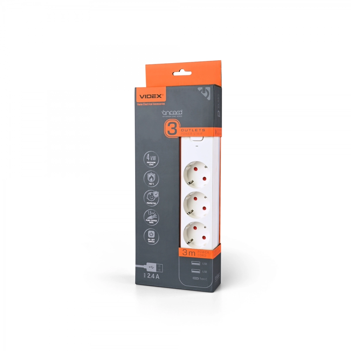 Подовжувач мережевий Videx ONCORD 2USB/USB-C з кнопкою з/з 3п 3x1,5 мм 2,4А 3 м White (VF-PD33G2U1C-W)