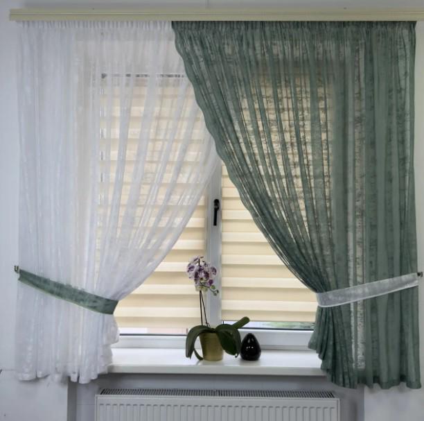 Комплект штор на кухню жаккард 500х180 см Белый/Зеленый (461 2)