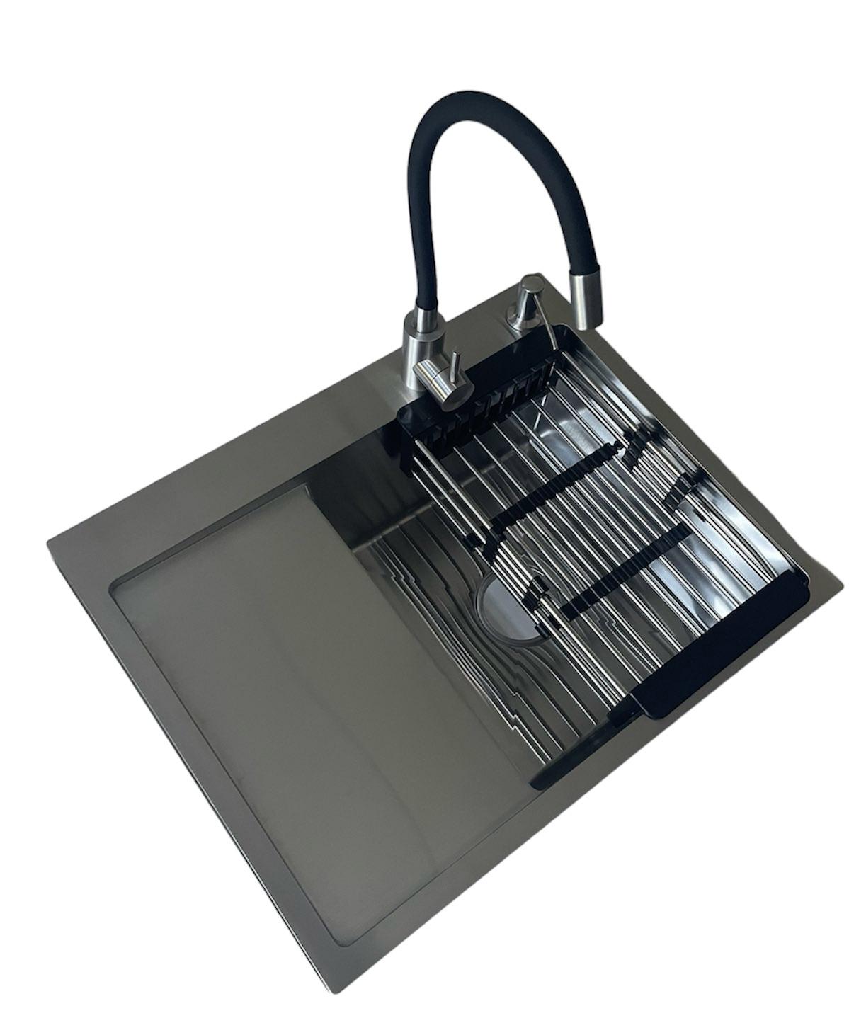 Мийка кухонна Lidz H6350R права Сірий/змішувач-кран для кухні Aria 015F3 з гнучким виливом