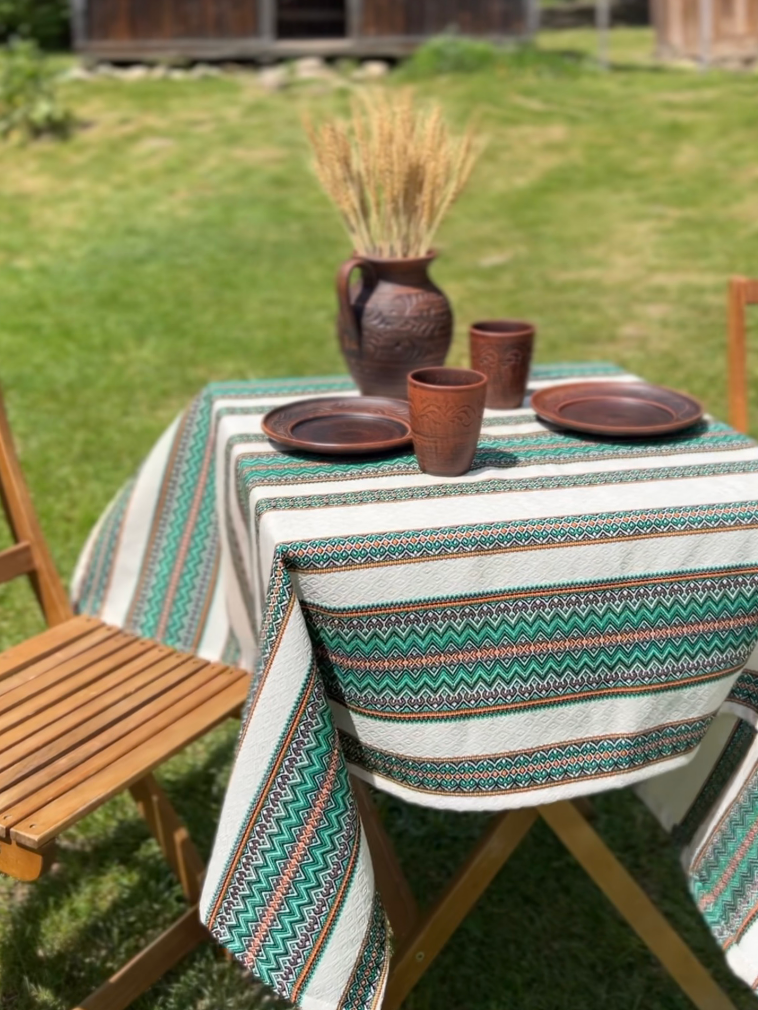 Скатертина лляна великодня Стожари з українським орнаментом 150x150 см Зелений (1903-2)