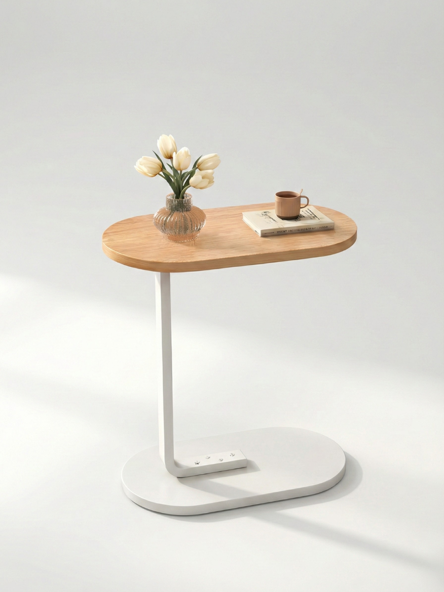 Журнальний столик приставний наддиванний овальний дерево/метал 45х28х60 см, Білий/Світле дерево (5025937710)