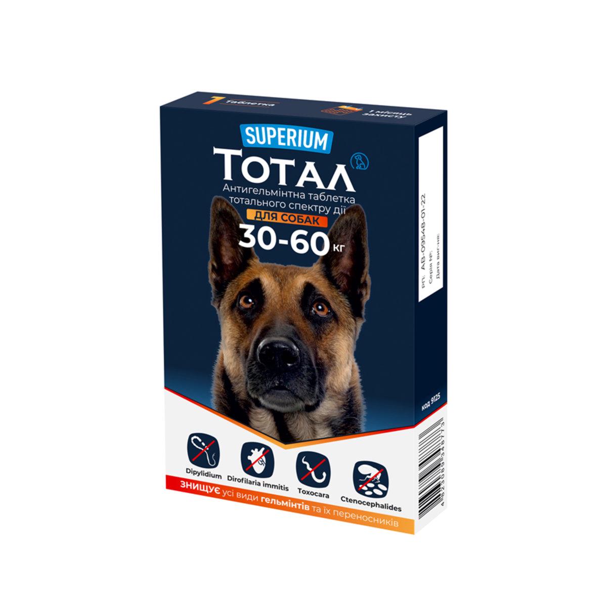 Пігулка Суперіум Тотал від гельмінтів та ектопаразитів для собак 30-60 кг (9125)