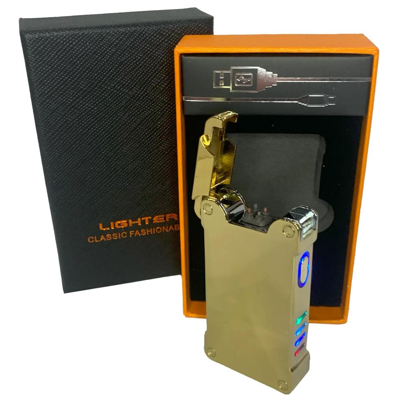 Зажигалка дуговая LIGHTER HL-437 электроимпульсная с USB-зарядкой фонариком Золотой