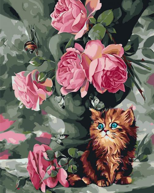 Картина по номерам Rainbow Art Котенок и розы (GX3574-RA)