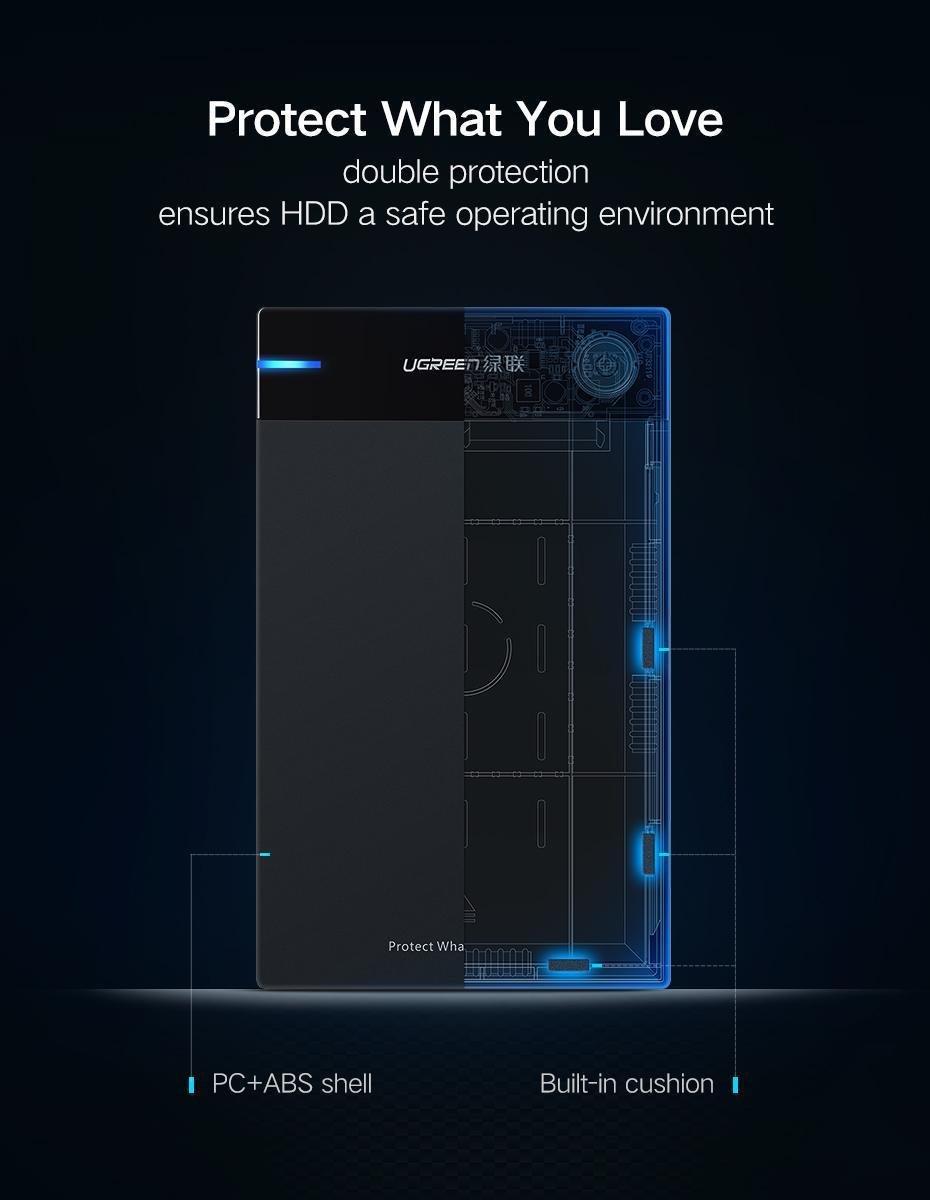 Корпус UGREEN для SSD/HDD 3,5 и 2,5 дюймовых/5 Гбит/с USB 3.0 до SATA III с кабелем USB-Micro-USB Type-B 3.0 Micro-B Черный (50422) - фото 4