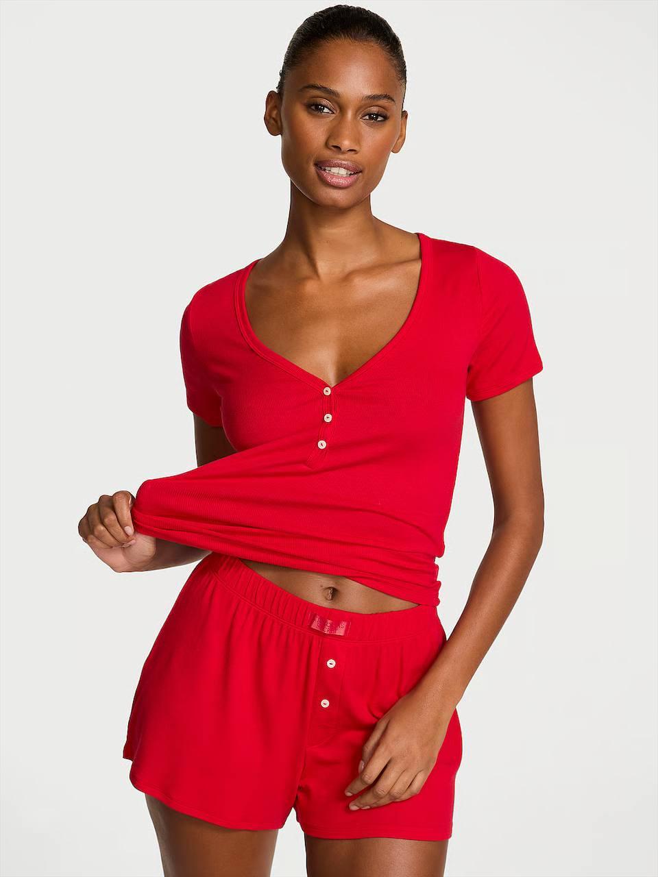 Пижама модал Victoria's Secret SoSoft Modal Ribbed Henley Tee & Boxer Shorts Set XS Красный (27178666D)