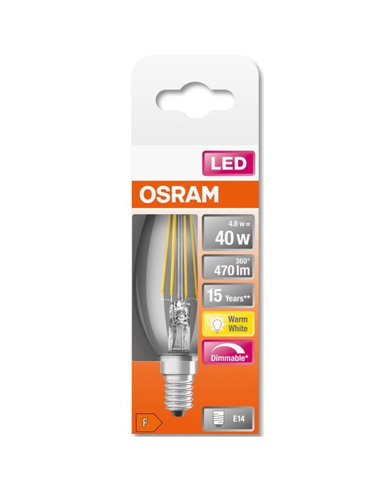 Світлодіодна лампочка Osram 4058075437043 CL B40 DIM E14 1x4,8W 2700K 470Lm IP20 - фото 2 Світлодіодна лампочка Osram 4058075437043 CL B40 DIM E14 1x4,8W 2700K 470Lm IP20 - фото 2
